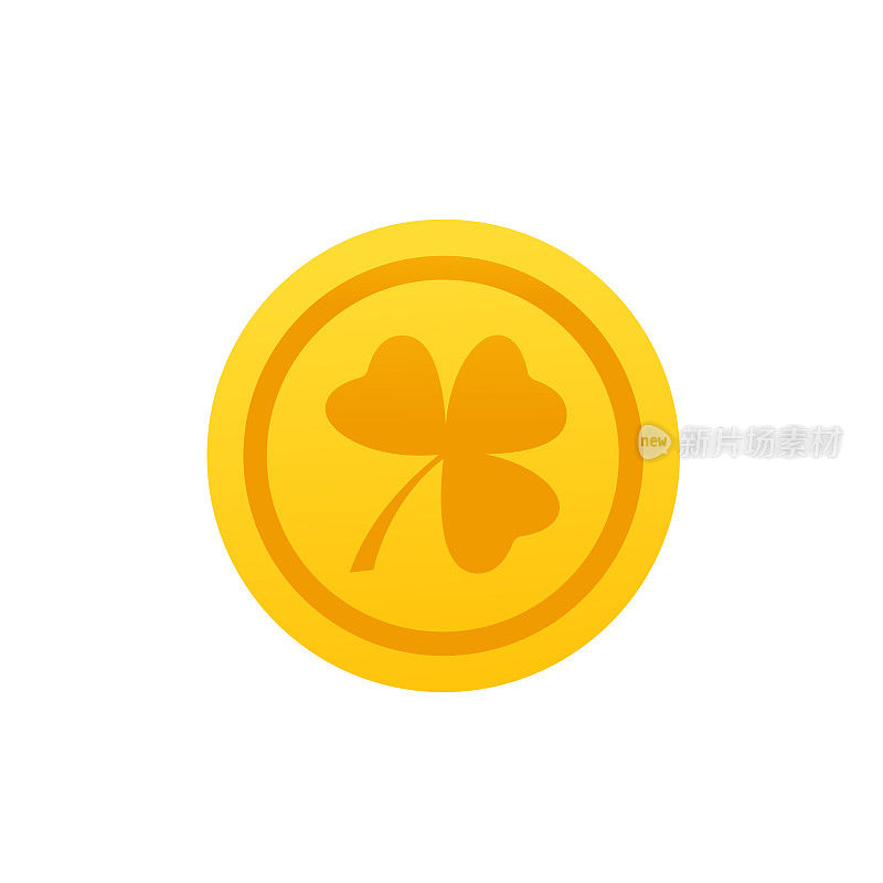 Gold coin Ñlover with three leaves isolated on white background. St. Patrick s Day, lucky Concept. Vector illustration